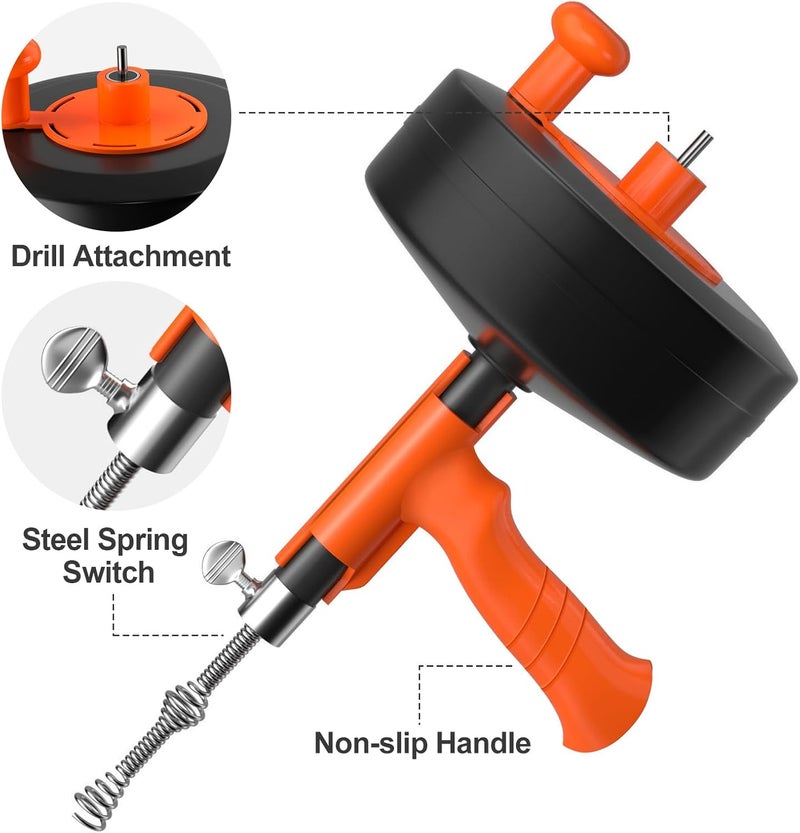 KINGLEV Drain Auger, Plumbing Snake With Drill Adapter, 35ft Heavy Duty Flexible Sink Steel Plumbing Auger Bathroom Hair Clog Removal Tool, Manual Or Powered - No auto retract or feed - Image 2